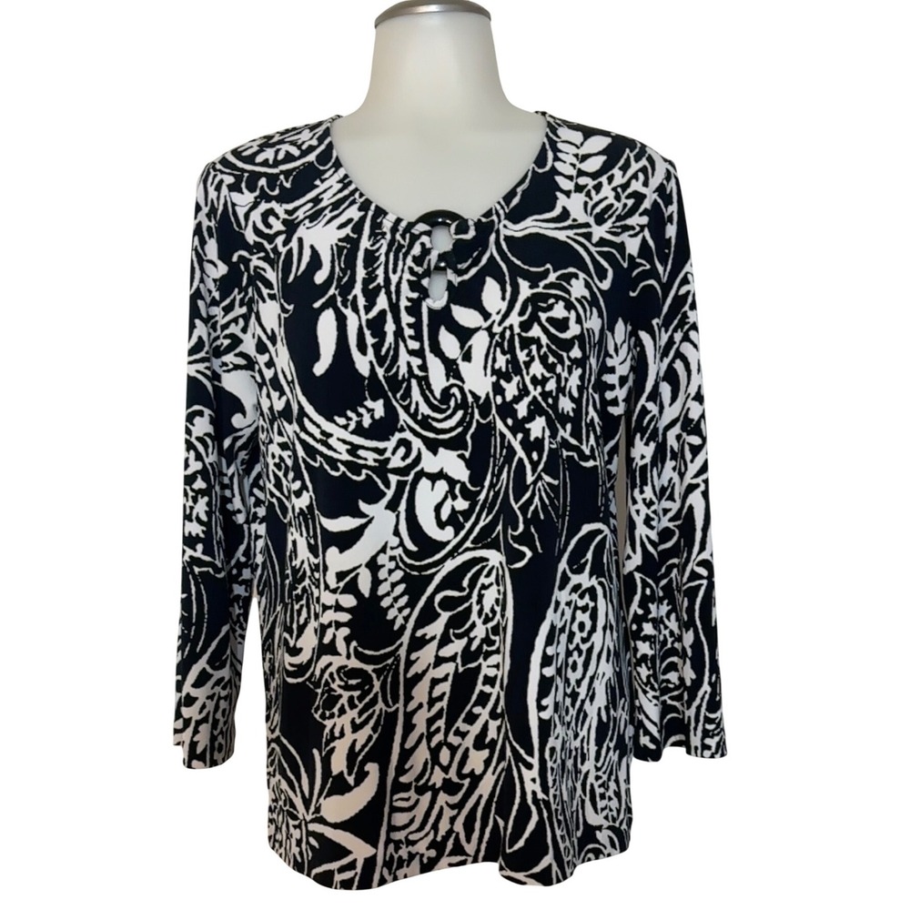 Jones Wear Blouse Womens Large Black White Excellent Paisley Keyhole‎ Top